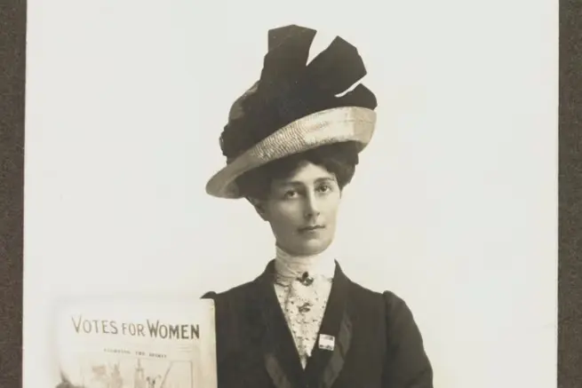 A large black and white image of Vida Goldstein standing behind a smaller colour image of Raf Epstein